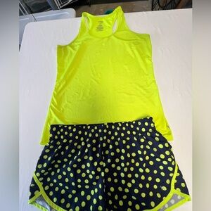 DANSKIN LIME GREEN TANK TOP AND POLKA DOT SHORT SET.  SIZE MEDIUM (8-10)